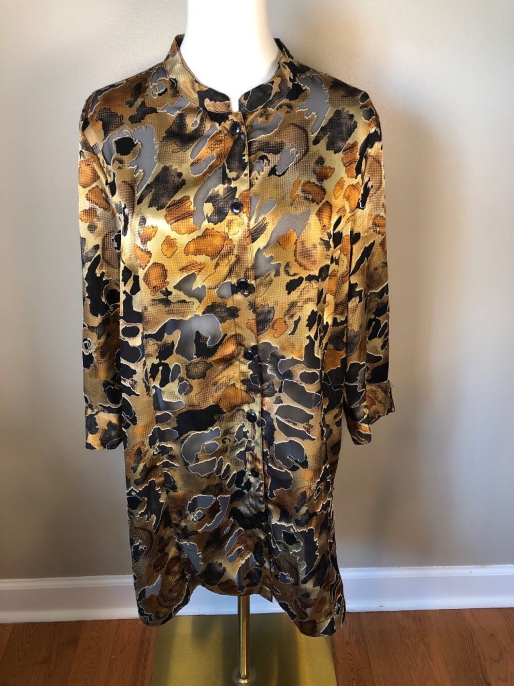 Erin by Erin London Abstract Animal Print Tunic Top Dress Gold Brown Black Sz L